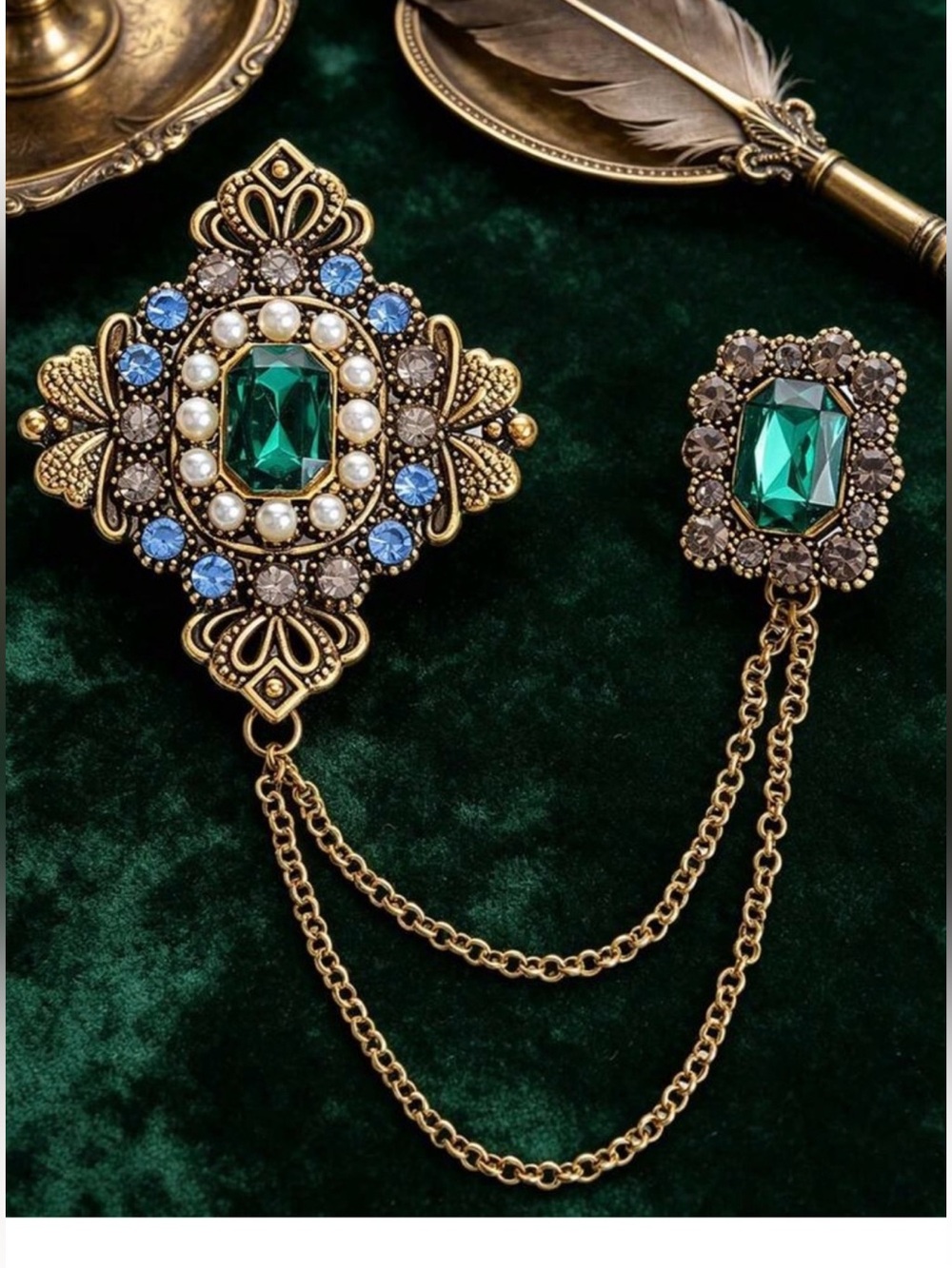 Gold-Tone Brooch with Emerald Green and Blue Accents
